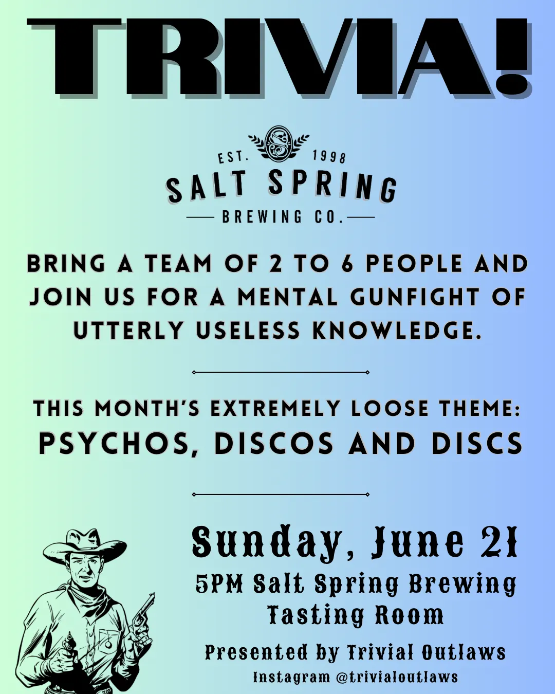 Salt Spring Brewing Co. monthly trivia night flyer, presented by Trivial Outlaws